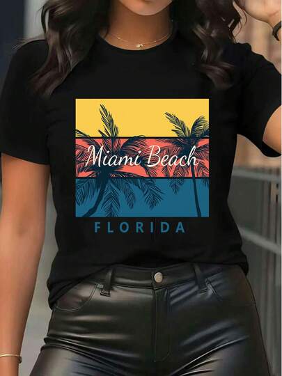 Women's Short Sleeve T Shirt Miami Beach Florida Graphic Print Tee Vintage Palm Tree Casual Summer Top Crew Neck Soft Daily Wear Shirt