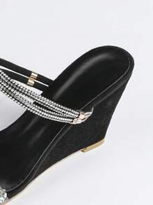 Women's Fashion Wedge Strap Slide Sandals, Versatile Rhinestone High Heel Dress Sandals, Elegant - Black - View 8