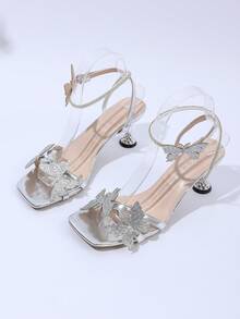 Shiny Butterfly Decor Transparent High Heel Sandals For Teens - Silver - View 9