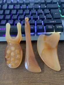 3pcs Facial Massage Tool Set: Imitation Sheep Horn Gua Sha Board, Stretching Rod, Resin Facial Lifting & Massage Stick