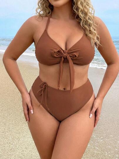 Sultry Sol Set de 3 piezas de bikini de talla grande con diseño de rayas y unicolor, con espalda descubierta, de alta gama y ajustado, para playa y vacaciones, estilo europeo y americano