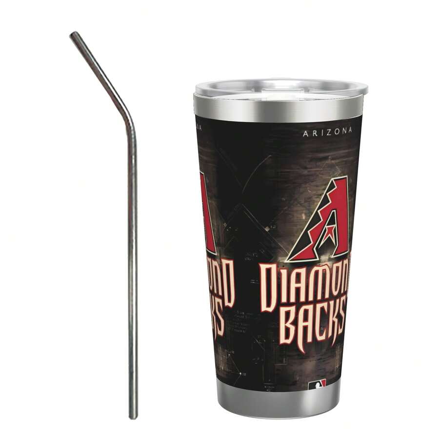 304 Stainless Steel Double Silver Edge Vacuum Insulated Drum 340g - Reusable Travel Cup With Stainless Steel Straw - This Is A Stainless Steel Water Cup About The Arizona Baseball Diamondbacks  Theme - Leak Proof, Sweat Proof, Can Maintain Hot And Cold Temperatures For Hours, Frees Of Bisphenol A, Suitable For Car Cup Holders, Very Suitable For Match Days, Sports Events, Commuting, Office Rest And Outdoor Activities, Durable Double Wall Structure Fashionable Fan Gift - Silver - View 1