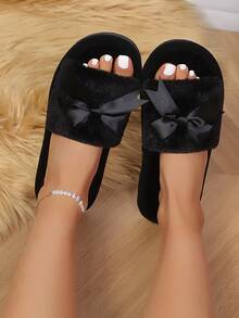 Sandal Rumah Wanita Warna Polos Terbaru dengan Hiasan Pita dan Ujung Terbuka, Sandal Lantai Dalam Ruangan yang Nyaman untuk Semua Musim - Hitam - View 6