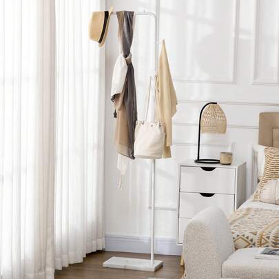  HOMCOM Perchero de Pie con Base de Mármol Perchero Moderno para Abrigos con 2 Ganchos Redondos Colgadores para Dormitorio Pasillo Entrada 35x25x170 cm Blanco