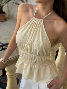 Women's New Solid Color Ruffle Sleeveless Blouse, Casual Vacation Beach Outgoing Commute Holiday Party Camisole Top Summer - Light Yellow - View 3