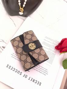3-Fold Women Flap Closure Flower Print Short Wallet, Classic Multi-Card Slots Anti-Theft Bank Card Holder, Vintage Style Compact Purse - Black - View 3