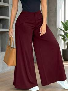 Fashionable Solid Color Casual Loose Wide-Leg Pants For Women, Elegant And Minimalist - 酒紅色 - 查看 13