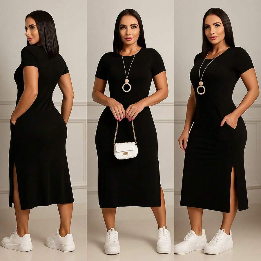 Premium Midi Dress With Side Slit – Elegance & Comfort - 黑色 - 查看 1