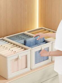 Large Capacity Storage Basket, Durable Fabric Closet Storage Box With Transparent Window, Foldable With Lid, Suitable For Home Storage, Household Essentials Organization, Foldable Storage Box, Clothing Storage Box, Storage Container - Beige - View 7