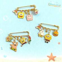 1Pc SpongeBob Brooch - Cartoon Cute Patrick Star Metal Brooch, Rainbow Hamburger Star Pendant Anti-Exposure Pin, Bag & Clothing Accessory Brooch - Multicolor - View 1