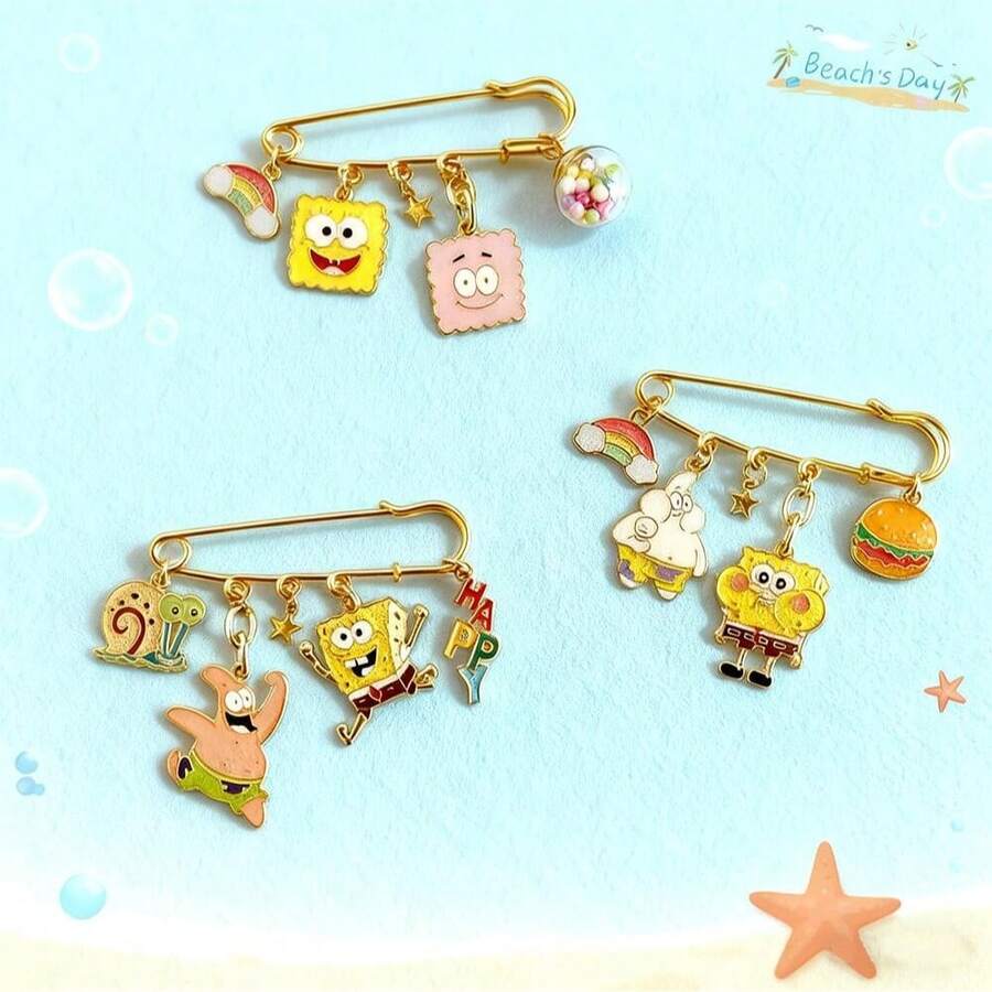 1Pc SpongeBob Brooch - Cartoon Cute Patrick Star Metal Brooch, Rainbow Hamburger Star Pendant Anti-Exposure Pin, Bag & Clothing Accessory Brooch - Multicolor - View 1