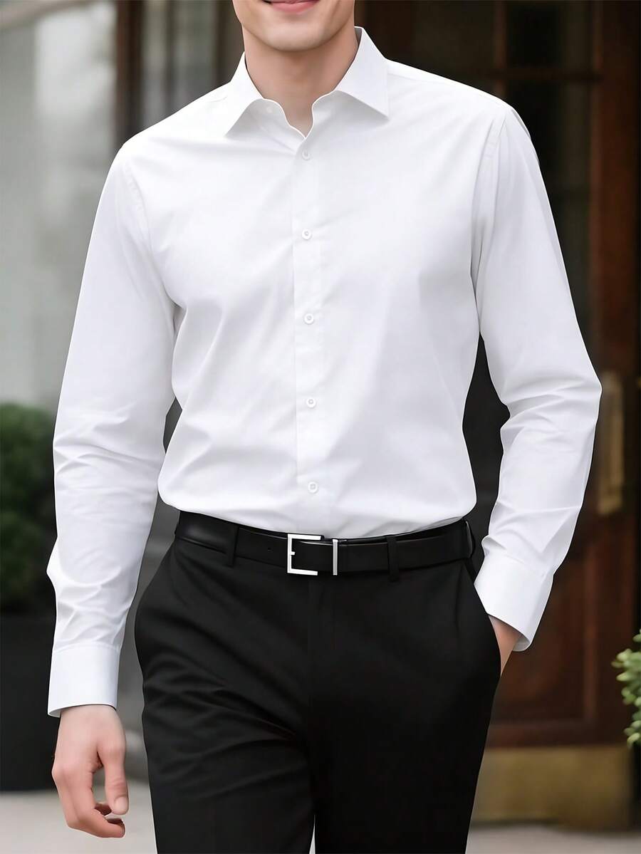 Camisa de Manga Larga de Unicolor con Cuello Mao para Hombre, Camisa Formal de Unicolor para Hombre, Camisa Casual/De Oficina de Unicolor con Botones en Una Sola Hilera, Adecuada para Uso Diario, Trabajo, Salidas y Fiestas, Combinable con Pantalones de Traje o Trajes para Bodas, Lunas de Miel, Otoño, Regalo para Hijos, Esposos, Novios y Padres - Blanco - Ver 1