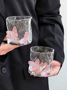1 件粉色 3D 不对称蝴蝶玻璃杯，ins 风格果汁饮料玻璃杯，高品质玻璃水杯，甜品杯，适用于甜品店、客厅、餐厅、礼物、聚会、派对 - 粉色 - 查看 4