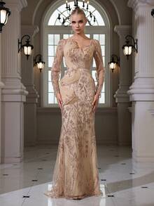 V领亮片刺绣长袖优雅性感鱼尾晚礼服 - 杏色 - 查看 1