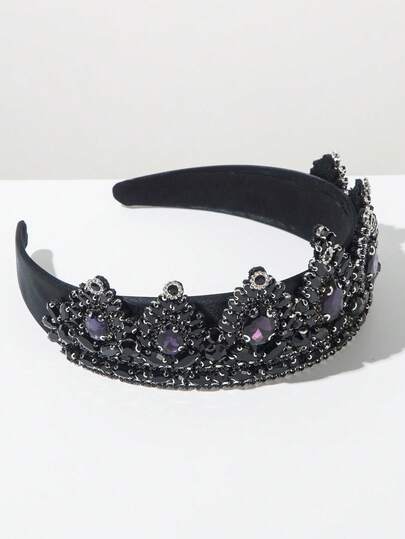 1pc Black Fabric European And American Fashion Baroque Style Rhinestone Decorated Crown Headband, Luxury Handcraft Quality Elegant Crown Headpiece For Party, Banquet Hair Band Hair Hoop