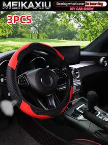 MEIKAXIU 3pcs/Set Mesh & PU Leather Patchwork Steering Wheel Cover, Handbrake Cover, Gear Shift Knob Cover Fit For 14.5-15 Inch Cars Decoration Accessories - Mesh Leather Sport - View 1