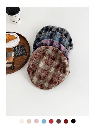 软顶扎染格子帽，双面格子帽檐软顶报童帽，复古画家帽，百搭贝雷帽，复古美式扎染格子报童帽，甜美女孩贝雷帽，春夏秋季