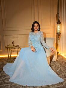 Elegant Women's Long Dress With Beaded Pearl And Contrast Mesh Details, Flared Ruffle Hem, Round Neck, Regular Length Sleeves - Baby Blue - View 6