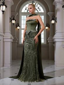Satin Beaded Sequin Embroidered Lace Elegant Sexy Strapless Bodycon Fishtail Maxi Dress, Suitable For Cocktail Party, Gathering, Evening Gown - Green - View 7
