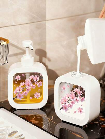 Creative Home Bathroom Dispenser, Pink Cherry Blossom Branch In Bloom With Falling Petals, Suitable For Bathroom, Kitchen, Sink - Perfect For Holding Soap, Hand Wash, Shower Gel Etc. - Creative Lotion Bottle, Lotion Dispenser, Dispenser, Bathroom
