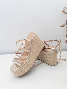 VIKIVIKI SHOES Women's Platform Sandals, Thin Strap Wedge Espadrille Design, Y2K Vintage Bohemian Style Inspired, Comfortable For Walking, Ideal For Summer, Vacation, Beach, Daily Walks, Relaxed Outfits, Dresses, And Fresh Day-To-Night Looks. Estimated Delivery: 1-3 Business Days (Peninsula) - 金色 - 查看 6