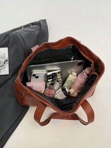 极简时尚通勤女式手提包，大容量托特包，多功能单肩斜挎包 - 棕色 - 查看 9
