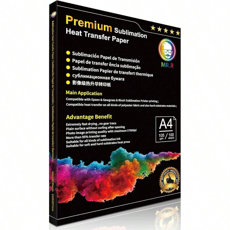 MR.R Premium Papel de transferencia de calor por sublimación para Epson y Sawgrass 105 g/ m2 100 hojas por paquete A4 - Blanco - Ver 1