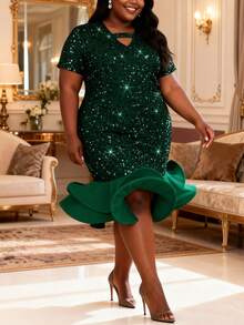 Plus Size Sequin Mermaid Ruffle Hem Gorgeous Festival Party Dress Short Sleeve Wedding Guest Outfits - Màu xanh lá cây đậm - Xem 1