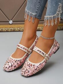 Plus Size EU35-43 Fashionable Sequin Square Toe Flat Shoes, Slip-On Casual Wear, Suitable With Dresses, Multi-Color Patterns Random - Pink Gold Glitter - View 4