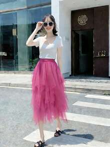 Women's Solid Color Mesh Patchwork Fashionable Versatile Date Party Skirt - Hot Pink - View 5