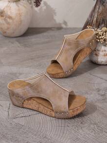 1pair Women's Vintage Distressed Wood Grain Platform Wedge Sandals, Open Toe Rivet Leather Summer Slides - Beige - View 4