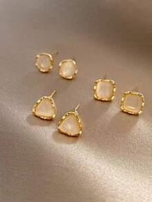 3对时尚几何猫眼耳钉套装，小巧可爱圆形、三角形、方形耳环，适合女性日常及节日佩戴 - 三件套 - 查看 8