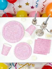 Juego de vajilla desechable de 10 piezas/20 piezas con estampado de brillo rosa, incluye platos, servilletas, vasos de papel rosa claro para fiesta de boda, cumpleaños, baby shower, evento, festival, fiesta de despedida de soltera - Rosa - Ver 5
