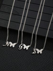 1 chiếc dây chuyền mắt xích kiểu Cuban bằng bạc mài nhám thời trang với họa tiết bướm và chữ cái, phụ kiện trang sức đeo hàng ngày dành cho cả nam và nữ. - Bạc - Xem 3