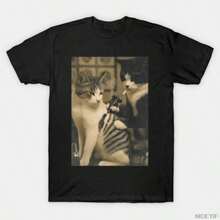 Camiseta de tatuaje de gato vintage fumando, gatito tatuado, artista, meme divertido para hombres y mujeres, camisetas 100% algodón, tops de manga corta J108 - Negro - Ver 1