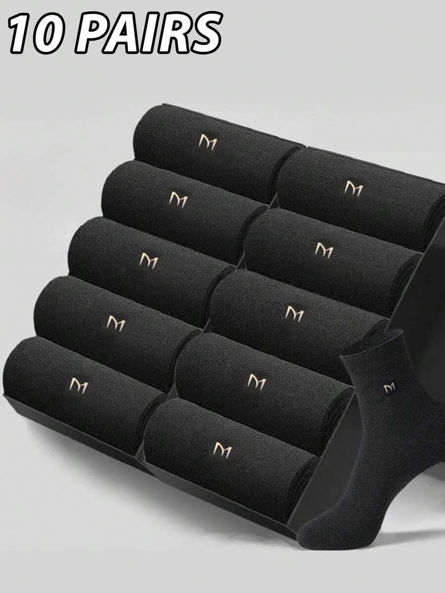 10双装男士商务休闲袜，抗菌、透气、吸湿排汗、防臭，中筒长度，字母图案 - 可机洗，秋季款