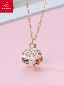 1件可爱贝壳形锌合金项链，饰以仿珍珠和水钻，适合度假和旅行季节佩戴