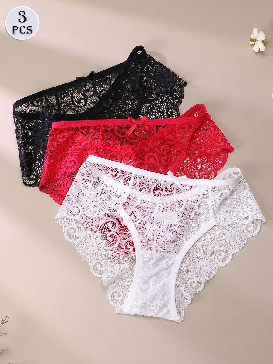 3pcs/Set Women's Low Waist Lace Sexy Thong Panties - Multicolor - View 1