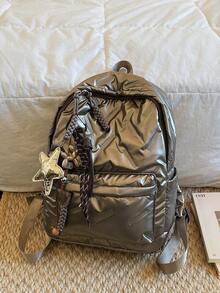 Gold Color Student Backpack, Brand New Fashion Classic College Style, Solid Color Design, Decorated With Rhombus Pattern And Gold Star Pendant. Large Capacity Design, Multiple Pockets, Suitable For Travel And Vacation, Ideal Choice For Campus Use During School Term, Also Suitable For Short-Distance Travel. - Gold - View 5