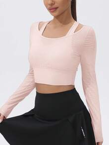 1pc Women Mesh Long Sleeve Cropped Yoga Active T-Shirt With Padded Bust - 粉色 - 查看 4
