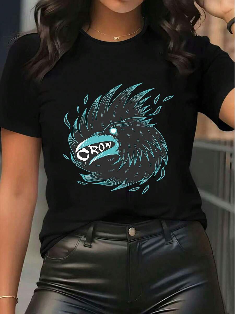 Damska koszulka z krótkim rękawem i okrągłym dekoltem, luźny krój, luźny t-shirt z nadrukiem w kształcie kruka, letnia, uliczna, podstawowa bluzka na co dzień, na imprezę i wakacje - Czarne - Zobacz 1