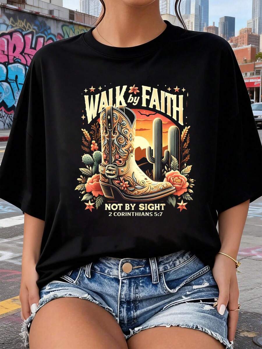 Botas de vaquero cristianas de estilo occidental, camiseta Walk by Faith Not by Sight 2026, nuevas camisetas impresas para mujeres, estilos populares, camisetas de primavera para mujeres, camisetas de invierno, camisetas de para mujeresás vendidas - Negro - Ver 1