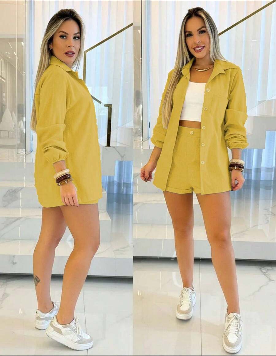 Mile Linen Shirt And Shorts Set - Yellow - View 1