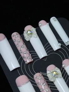 CrystalHola Valentine's Day Nails, 10 Pieces Of Handmade Fake Nails, Press-On Nails, French Tip Nails, Acrylic Nail Kit, Long Coffin Nails, White Nails With Nail Accessories And Bows, Glittery Holiday Nails, Cute Nails, Y2K Style, Suitable For Music Festivals And Parties, Everyday Wear, A Good Gift For Girls And Women, New Year Nails. Nail Supplies Handmade Press On Nails - Multicolor - View 5