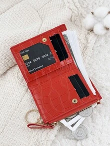红色字母钥匙扣带链，可折叠小钱包，女士紧凑型对折钱包，卡包，短款钱包，可爱时尚，生日、圣诞节、周年纪念礼物，适合女性、女孩、商务人士、学生、日常使用 - 紅色 - 查看 3