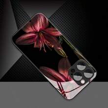 1个优雅复古酒红色百合花图案玻璃材质手机壳，高端精致设计，适用于苹果钢化玻璃手机 - 黑色 - 查看 3