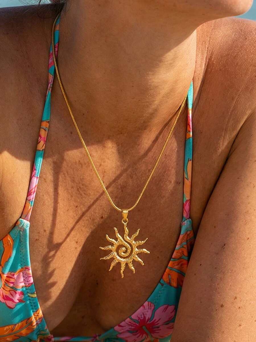 1件18K镀金不锈钢螺旋太阳吊坠项链，圆形蛇骨链项链，螺纹吊坠项链配饰，适合女士日常佩戴 - Necklace - 查看 1