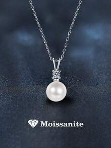 1pc Minimalist 925 Sterling Silver 0.2ct 3.5mm Moissanite & Pearl Necklace, Suitable For Women's Daily Wear, Party, Commute, Valentine's Day, Christmas, Mother's Day Jewelry Gift