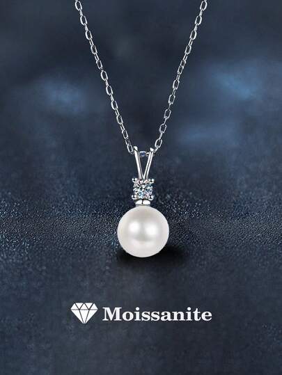 1pc Minimalist 925 Sterling Silver 0.2ct 3.5mm Moissanite & Pearl Necklace, Suitable For Women's Daily Wear, Party, Commute, Valentine's Day, Christmas, Mother's Day Jewelry Gift
