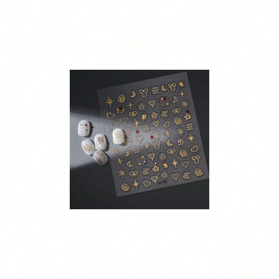Gold Nail Art Stickers Decals 5D Embossed Nail Stickers Gold Star Heart Nails Decals Charms Se--Adhesive With Bow Moon Design Manicure Decoration For Women Acrylic Nail Supplies - 風格11 - 查看 1